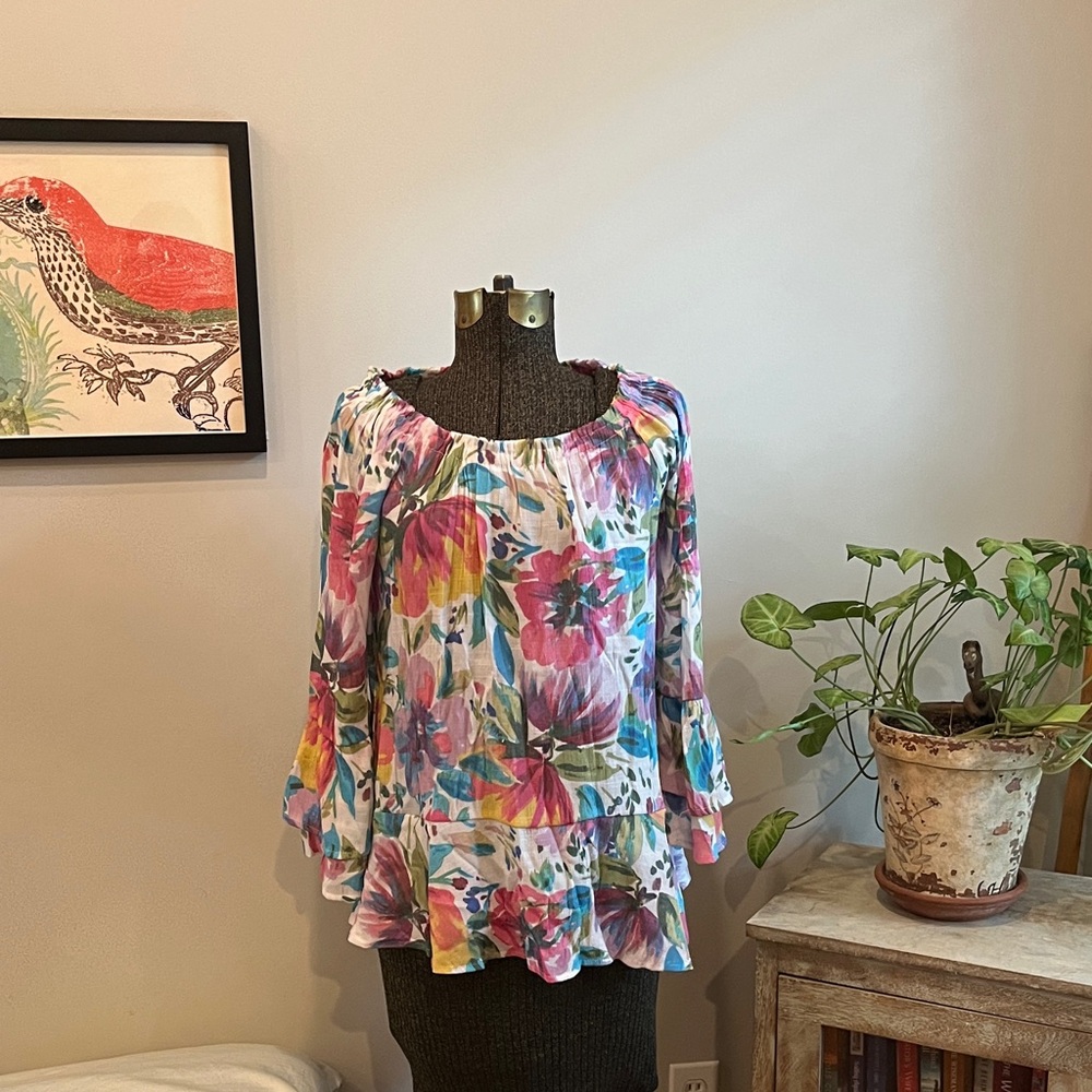 Spense Beautiful Colorful Floral 3/4 Sleeve Blouse Size M